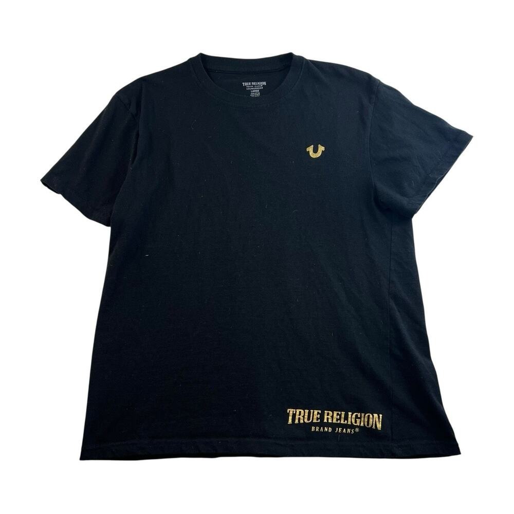 True Religion Brand Jeans L Large T-Shirt Black Golden Logo Cotton Blend Lounge